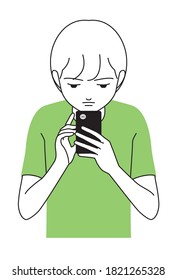 A boy staring at a smartphone with a stoop