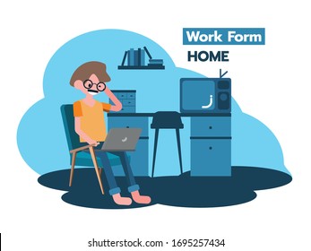 A boy started social distance with working at home alone. Graphic resources about social distance.