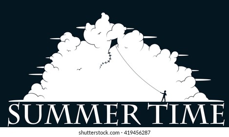 The boy starts a kite in the sky