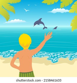 Boy staying on the beach enjoys view of sea with dolphins, vector illustration