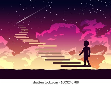 a boy step on the stair way to heaven with interesting,vector illustration