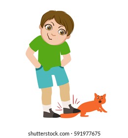 Boy Stepping On Cats Tail, Part Of Bad Kids Behavior And Bullies Series Of Vector Illustrations With Characters Being Rude And Offensive