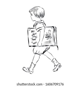 Boy steps holding an armpit book. First grader goes to school. Day of Knowledge. Coloring page. 