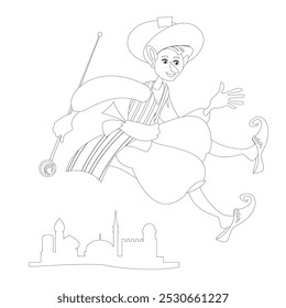 Um menino com um bastão vestido com roupas orientais, usando chinelos mágicos voa sobre a cidade. O herói do conto de fadas "O Pequeno Muck". Colorindo página. Ilustração vetorial 