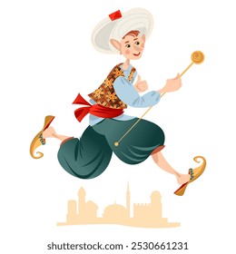 A boy with a stick dressed in oriental clothes, wearing magic slippers flies over the city. The hero of “The Little Muck” fairy tale. Vector illustration