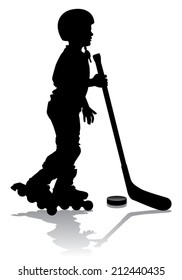 A boy with a stick on roller skates