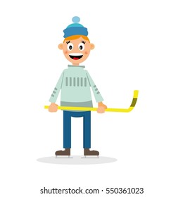 a boy with a stick on skates playing hockey on ice. vector illustration of cartoon