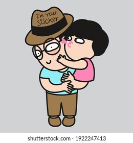 Boy Sticks To The Girl Like He Is Her Sticker. Couple Holding Each Other Concept Card Character illustration