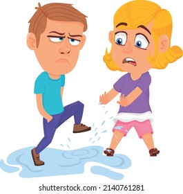 Boy stomping in puddle and making splash. Kid bad behavior