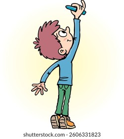 The boy stood on his toes and wrote with blue chalk