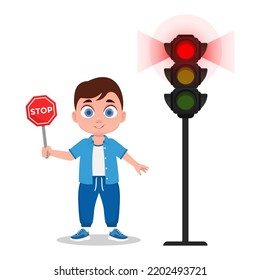 Boy with stop sign. The traffic light shows red, signal. Vector illustration