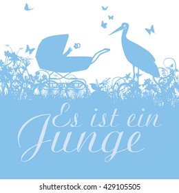 It is a boy and stork with stroller in the garden