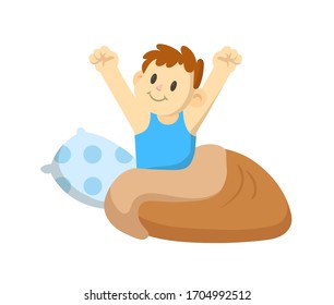 Boy stretching arms sitting in his bed after waking up, cartoon character design. Colorful flat vector illustration, isolated on white background.