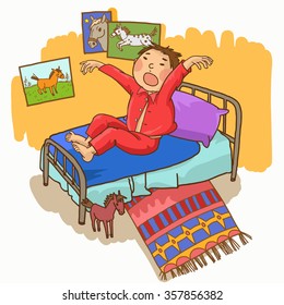 Boy stretching in his bed. Children illustration for School books, magazines, advertising and more. Separate Objects. VECTOR.