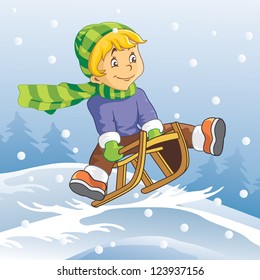 boy in the striped hat sledding, vector