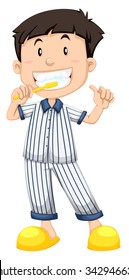 Boy in striped pajamas brushing teeth illustration