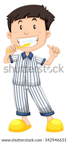 Boy in striped pajamas brushing teeth illustration