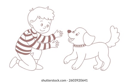 A boy in a striped sweater is playing with his dog. Outline. Vector illustration isolated on a white background.