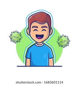 Boy With Strong Immunity Vector Icon Illustration. Corona Mascot Cartoon Characters. Person Icon Concept White Isolated. Flat Cartoon Style Suitable for Web Landing Page, Banner, Flyer, Sticker, Card