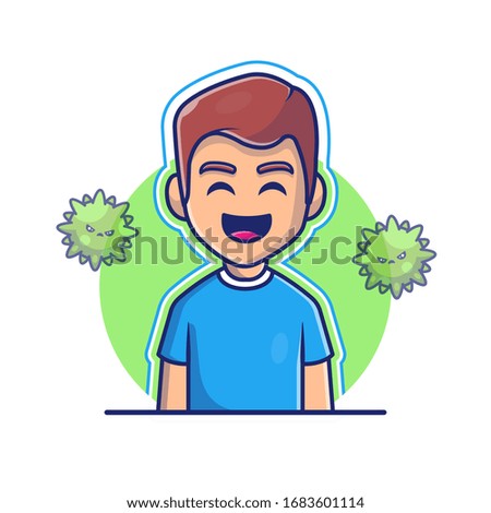 Boy With Strong Immunity Vector Icon Illustration. Corona Mascot Cartoon Characters. Person Icon Concept White Isolated. Flat Cartoon Style Suitable for Web Landing Page, Banner, Flyer, Sticker, Card