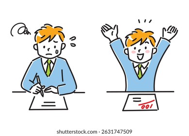 A boy struggling with a test and a boy who got 100 points