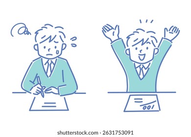 A boy struggling with a test and a boy who got 100 points