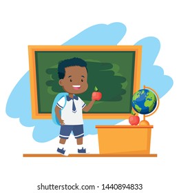boy student with backpack and apple chalkboard desk map apple back to school vector illustration
