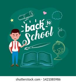 boy student with backpack and book with brushpaint
