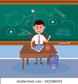 boy student with book and apple fruit in the desk