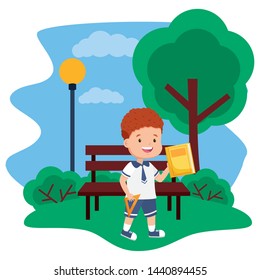 boy student with book and ruler in bench park back to school vector illustration