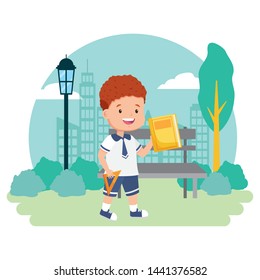 boy student with book and ruler city park back to school vector illustration
