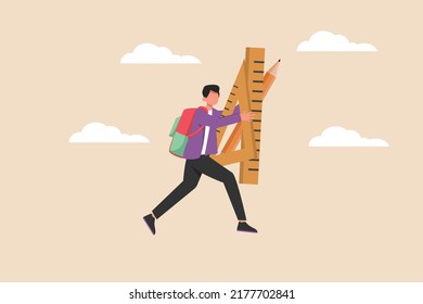 Boy student bring class supplies in his hand. Back to school concept. Colored flat graphic vector illustration isolated.
