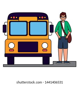 boy student and bus back to school vector illustration