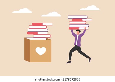 Boy student carries pile of books on head and puts in the box. Book lovers day concept. Colored flat cartoon vector illustration.