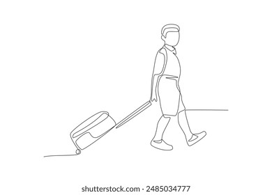 Boy student carrying school bag. School kids concept one-line drawing