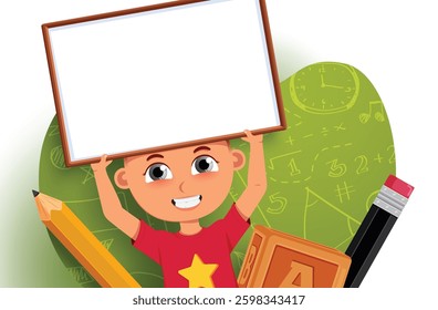 Boy student character vector design. Male kid student presenting, holding and showing whiteboard element with pencil and learning block objects for school presentation. Vector illustration.
