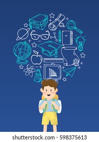Boy Student With Education Icons.