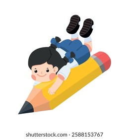 boy student is flying on a pencil