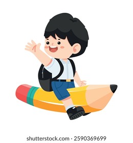 Boy student flying on a pencil