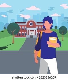 Boy student in front of school building design, Eduaction class lesson knowledge preschooler study learning and primary theme Vector illustration