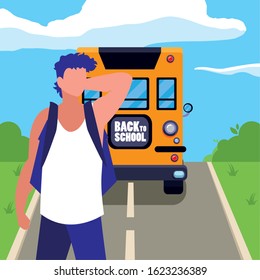 Boy student in front of school bus design, Eduaction class lesson knowledge preschooler study learning and primary theme Vector illustration