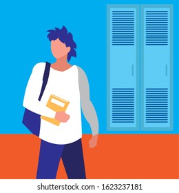 Boy student in front of school lockers design, Eduaction class lesson knowledge preschooler study learning and primary theme Vector illustration