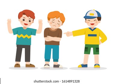 Boy student getting bullied in school. Sad boy standing around and bullying person. Problem of bullying at school. Sad moment.