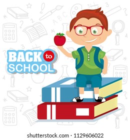 boy student glasses with book and apple fruit vector illustration
