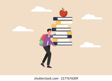 Boy student with his bag carrying big pile of books. Back to school concept. Colored flat graphic vector illustration isolated.