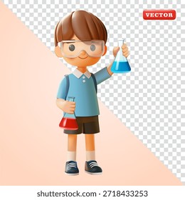Un estudiante sosteniendo un vaso de precipitados, Vector 3D. Adecuado para educación y ciencia