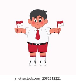 Boy student holding Indonesian flag cartoon character illustration