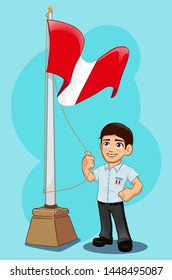 Boy student holding Peru flag for Happy Republic Day of Peru. Vector illustration