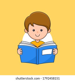 Boy student kids enjoy reading book vector outline cartoon style illustration.