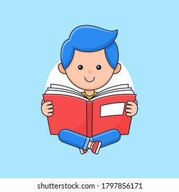 Boy Student Kids Sitting Cross Legged And Enjoy Reading Book Vector Outline Cartoon Style Illustration.